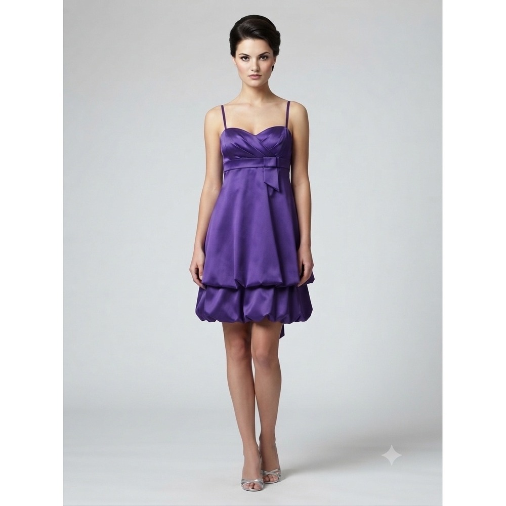 Rory vtg USA Purple Satin Bubble Hem Cocktail Dress Sweetheart Back Bow Mini 6